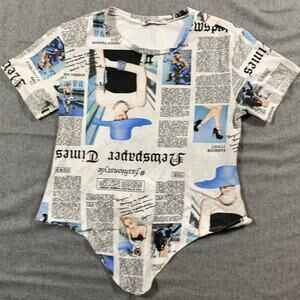 Vertiche Newspaper Shirt Women Small Blue White Casual T Shirt Ladies